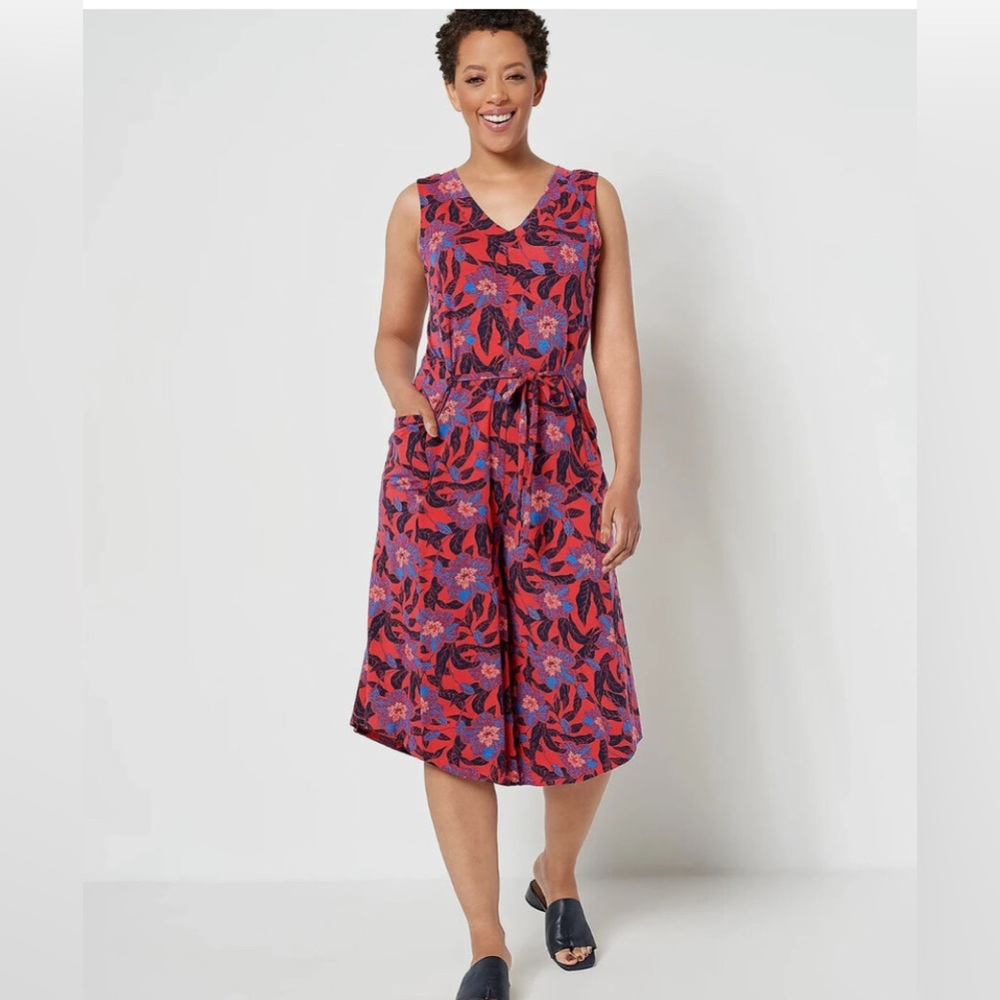 AnyBody Cozy Knit Luxe VNeck Gaucho Jumpsuit Hibiscus Floral US Size Large